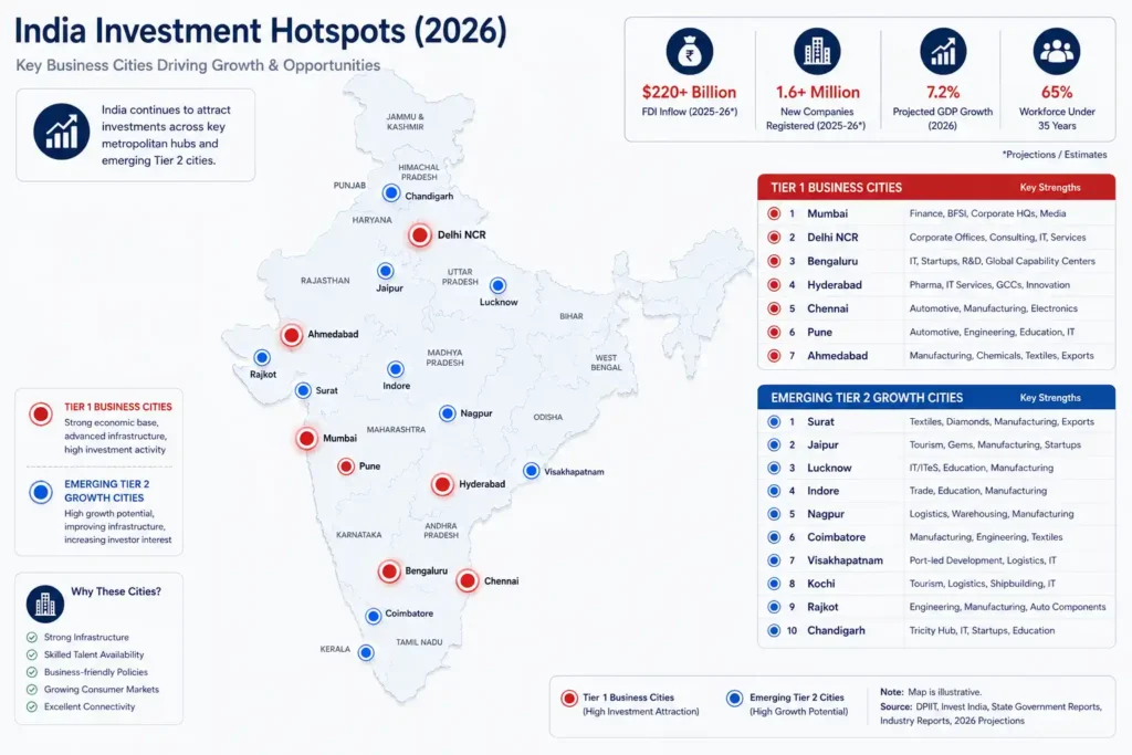 **Map of India highlighting the country's major investment hotspots in 2026. Tier 1 business cities include Mumbai, Delhi NCR, Bengaluru, Hyderabad, Chennai, Pune, and Ahmedabad, while emerging Tier 2 growth cities include Surat, Jaipur, Lucknow, Indore, Nagpur, Coimbatore, Visakhapatnam, Kochi, Rajkot, and Chandigarh. The infographic also presents key economic indicators, including projected FDI inflows exceeding $220 billion, more than 1.6 million new companies registered, projected GDP growth of 7.2%, and a workforce where 65% of the population is under 35 years of age. Additional sections explain why these cities attract investment through strong infrastructure, skilled talent, business-friendly policies, growing consumer markets, and excellent connectivity, with data sourced from DPIIT, Invest India, state government reports, and industry projections.