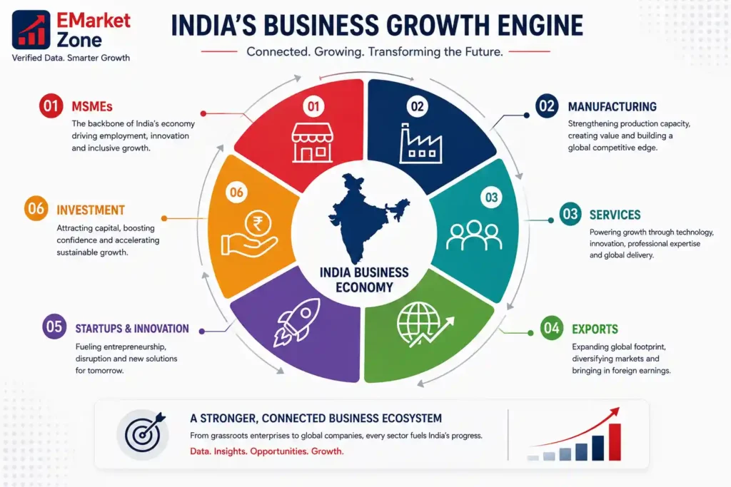 India’s Business Growth Engine infographic showing six interconnected pillars of India’s business economy: MSMEs, manufacturing, services, exports, startups and innovation, and investment. The central graphic shows a map of India surrounded by six colored segments representing each growth driver, with supporting descriptions explaining their roles in employment, production, technology, global trade, entrepreneurship and capital formation.