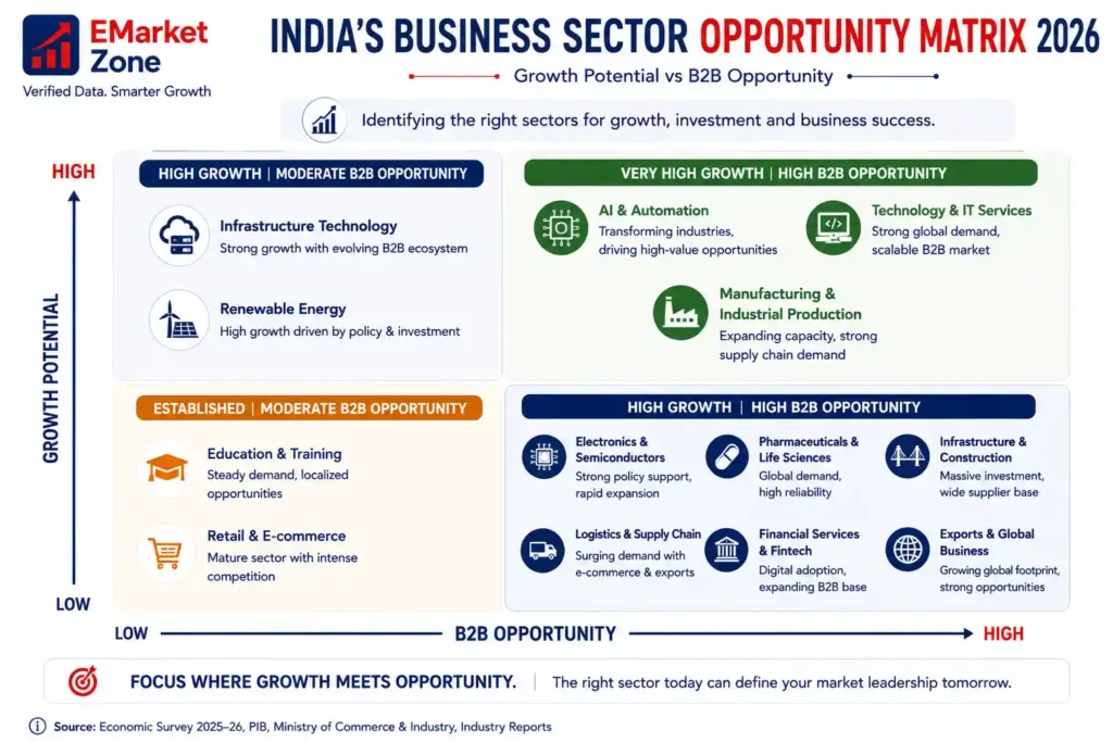 Infographic titled “India’s Business Sector Opportunity Matrix 2026” comparing major Indian business sectors by growth potential and B2B opportunity. The matrix highlights AI and automation, technology and IT services, manufacturing, electronics and semiconductors, pharmaceuticals, infrastructure, logistics, financial services, exports, renewable energy, education, retail and e-commerce across different opportunity categories.