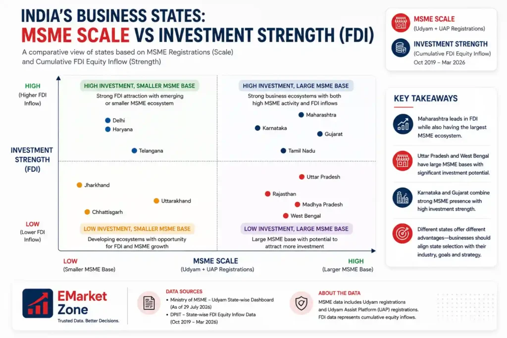 Quadrant chart comparing Indian states by MSME scale and cumulative FDI investment strength. Maharashtra, Karnataka, Gujarat and Tamil Nadu are positioned in the high-investment, large-MSME quadrant. Delhi, Haryana and Telangana show relatively high FDI strength with smaller MSME bases. Uttar Pradesh, Rajasthan, Madhya Pradesh and West Bengal have large MSME bases but lower FDI strength. Jharkhand, Uttarakhand and Chhattisgarh have smaller MSME bases and lower FDI inflows. MSME data is based on Udyam and Udyam Assist Platform registrations as of July 29, 2026, while FDI data covers cumulative equity inflows from October 2019 to March 2026.