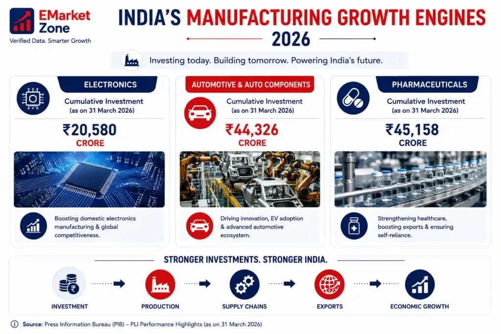 Infographic titled “India’s Manufacturing Growth Engines 2026” featuring three key sectors: Electronics with ₹20,580 crore cumulative investment, Automotive & Auto Components with ₹44,326 crore, and Pharmaceuticals with ₹45,158 crore, as of 31 March 2026. The graphic shows electronics manufacturing, automobile production, and pharmaceutical production, followed by a flow from investment to production, supply chains, exports and economic growth.
