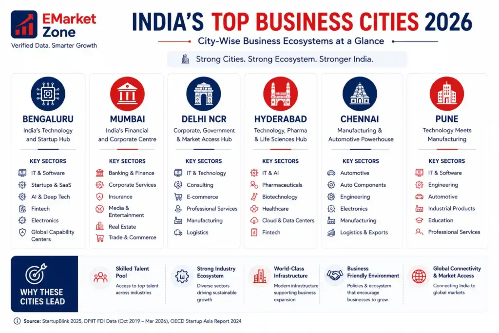 Infographic titled “India’s Top Business Cities 2026” comparing Bengaluru, Mumbai, Delhi NCR, Hyderabad, Chennai, and Pune. Bengaluru is highlighted for IT, software, startups, AI, fintech and electronics; Mumbai for banking, finance, corporate services, insurance, media, real estate and trade; Delhi NCR for technology, consulting, e-commerce, professional services, manufacturing and logistics; Hyderabad for IT, AI, pharmaceuticals, biotechnology, healthcare, cloud and fintech; Chennai for automotive, engineering, electronics, manufacturing, logistics and exports; and Pune for IT, software, engineering, automotive, industrial products, education and professional services. The infographic also highlights skilled talent, strong industry ecosystems, infrastructure, business-friendly environments, and global connectivity as factors supporting these cities.