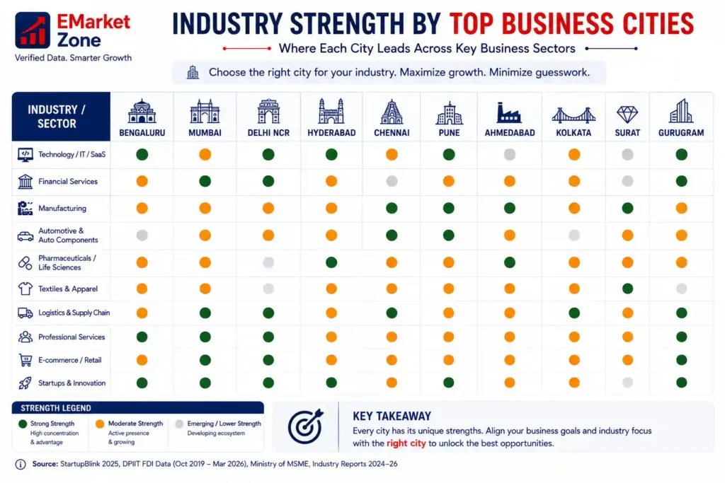 Infographic titled “Industry Strength by Top Business Cities” comparing Bengaluru, Mumbai, Delhi NCR, Hyderabad, Chennai, Pune, Ahmedabad, Kolkata, Surat and Gurugram across 10 business sectors: Technology/IT/SaaS, Financial Services, Manufacturing, Automotive & Auto Components, Pharmaceuticals/Life Sciences, Textiles & Apparel, Logistics & Supply Chain, Professional Services, E-commerce/Retail, and Startups & Innovation. Green indicates strong strength, orange indicates moderate strength, and gray indicates emerging or lower strength. The infographic highlights that different Indian cities have different industry advantages and businesses should align their location with their industry and growth objectives.