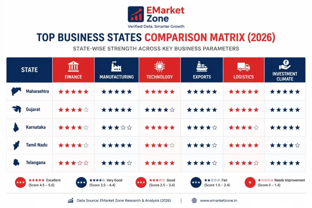 **Comparison matrix infographic evaluating India's top business states in 2026 across six key business parameters. The table compares Maharashtra, Gujarat, Karnataka, Tamil Nadu, and Telangana using five-star ratings for Finance, Manufacturing, Technology, Exports, Logistics, and Investment Climate. Maharashtra receives the highest ratings across most categories, while Gujarat excels in manufacturing, exports, logistics, and investment climate. Karnataka stands out for technology and innovation, Tamil Nadu demonstrates strong manufacturing and logistics capabilities, and Telangana performs strongly in technology and investment climate. The infographic includes a rating scale ranging from Excellent to Needs Improvement and cites EMarket Zone Research & Analysis (2026) as the data source.