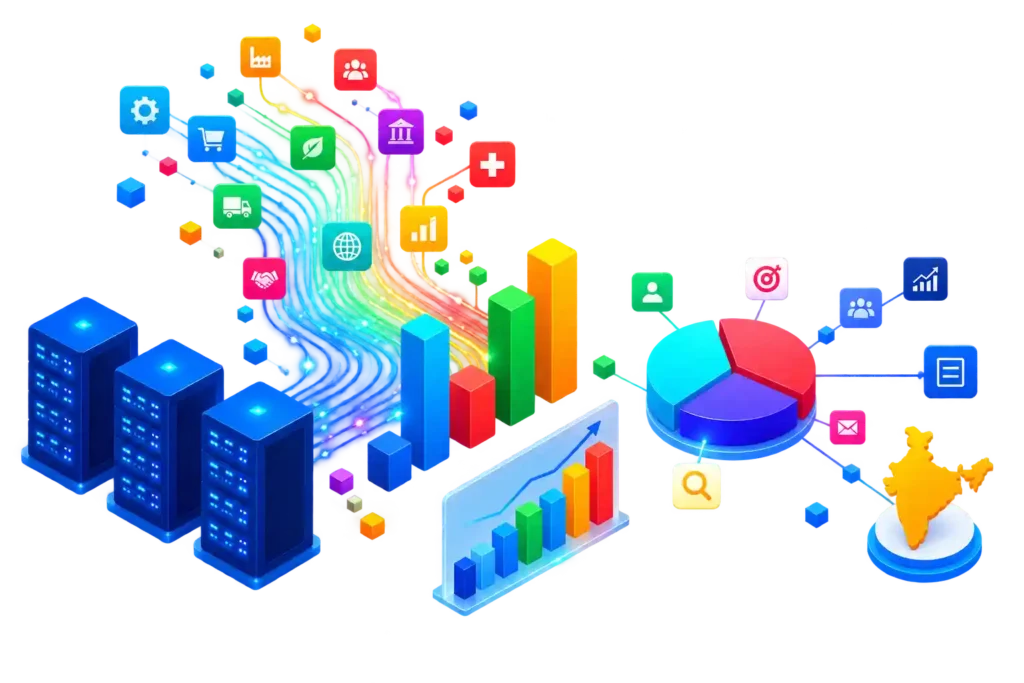 B2B data intelligence visual showing business data, analytics, market segmentation and growth insights