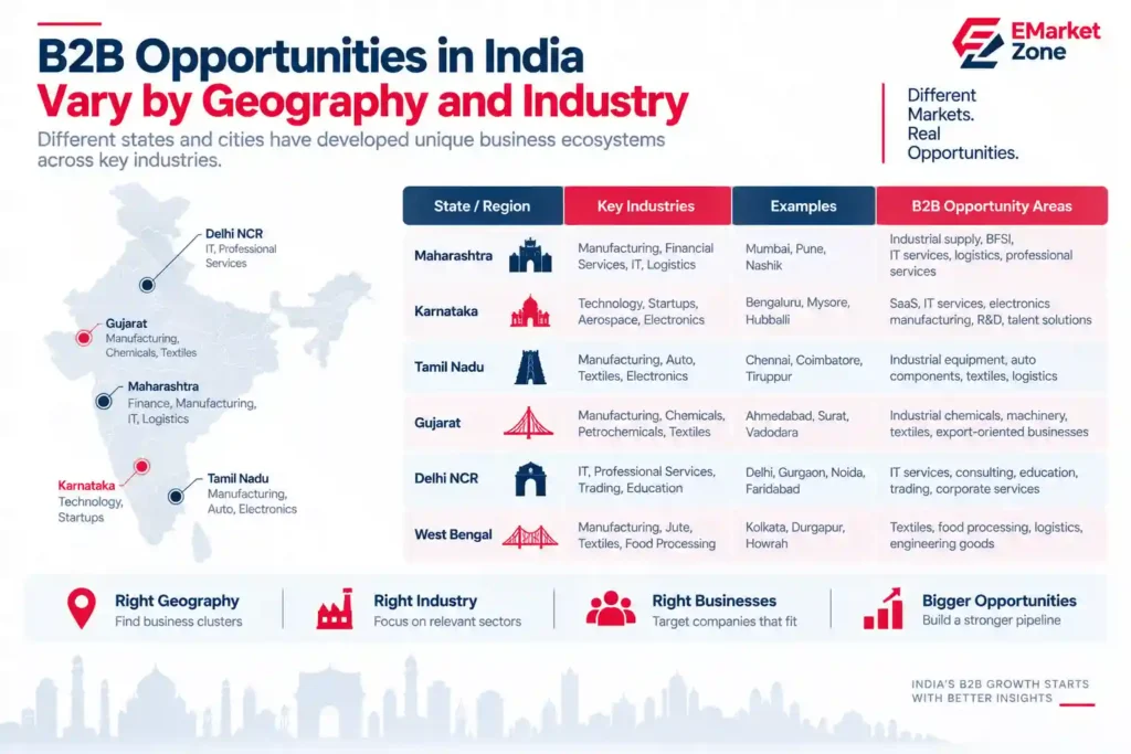 B2B opportunities in India by geography and industry showing major states, business clusters and key industry sectors