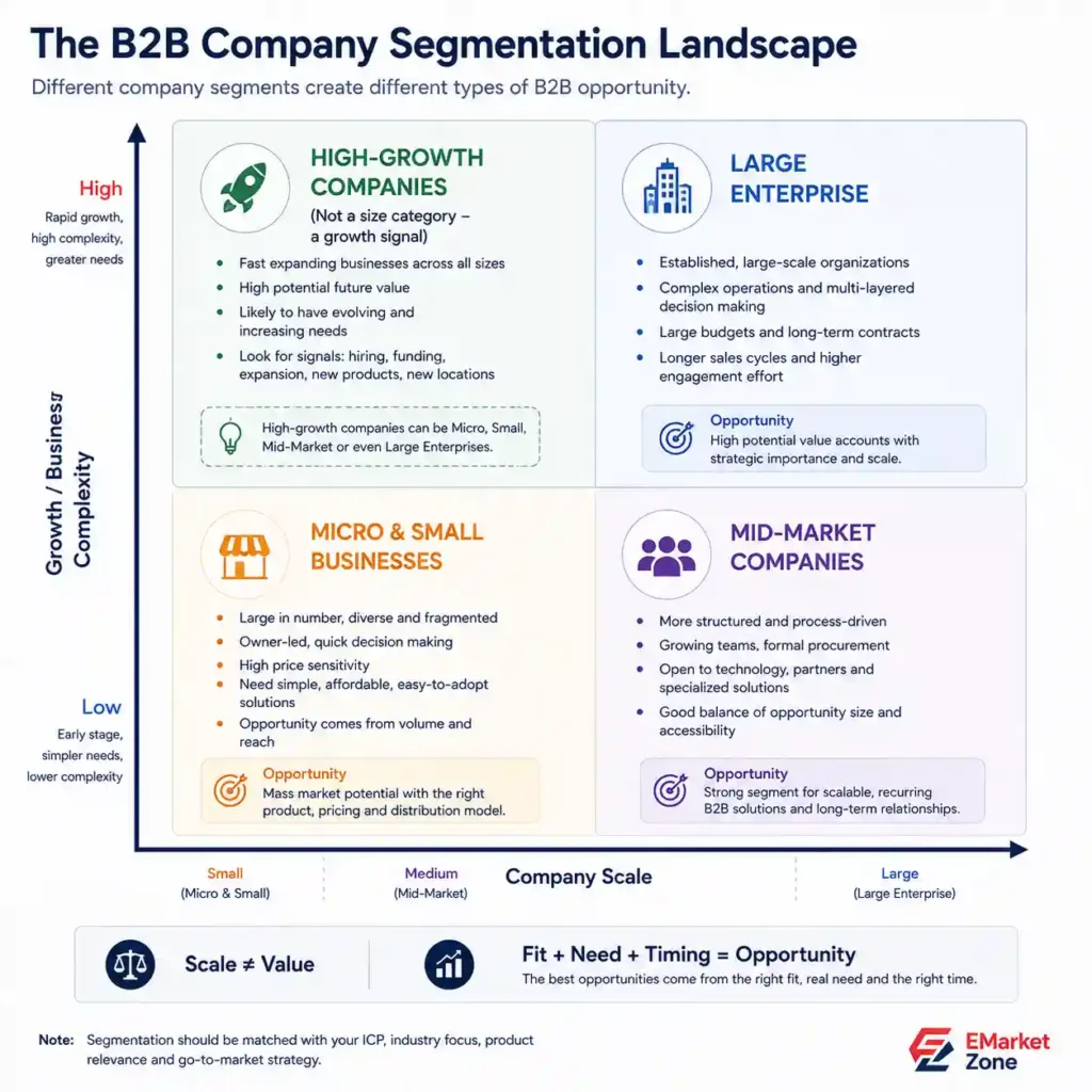 B2B company segmentation landscape showing micro and small businesses, mid-market companies, large enterprises and high-growth companies across company scale and growth or business complexity, with opportunity insights for each segment.