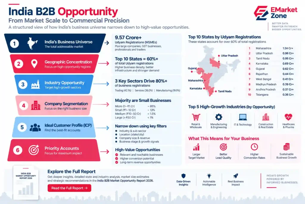 India B2B market opportunity framework showing business universe, geographic concentration, industry opportunity, company segmentation, ICP and priority accounts