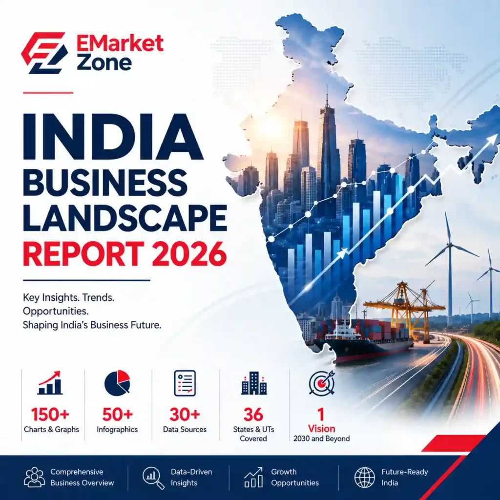 India Business Landscape Report 2026 cover featuring India's business ecosystem, market growth, statistics, and industry analysis by EMarket Zone