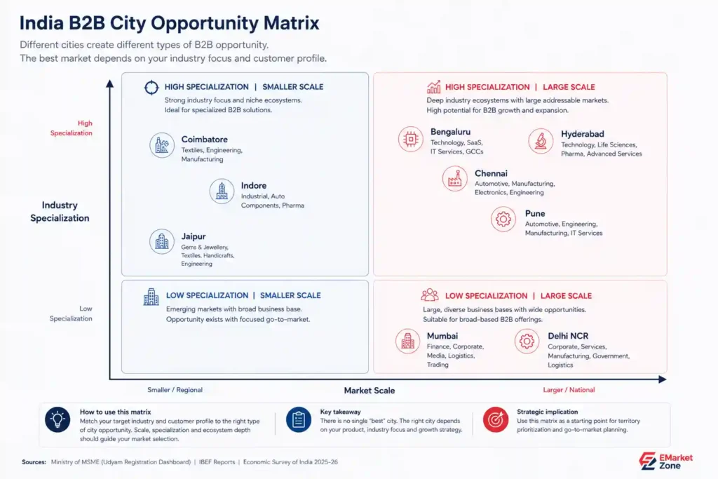 India B2B city opportunity matrix comparing market scale and industry specialization, with Bengaluru, Hyderabad, Chennai and Pune in the high-specialization large-scale segment, and Mumbai and Delhi NCR in the low-specialization large-scale segment.