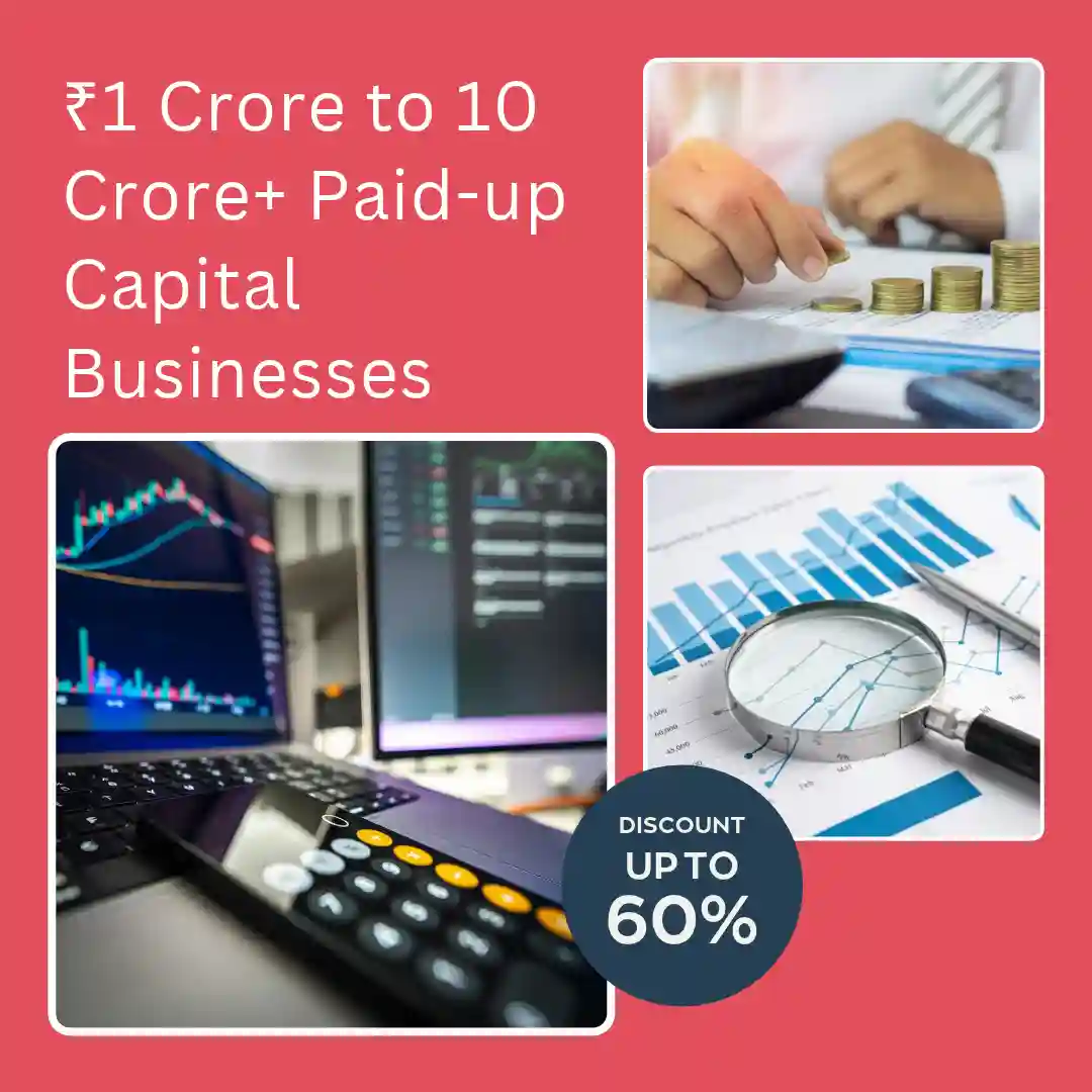 Promotional graphic for the ₹1 crore to ₹10 crore+ paid-up capital businesses database, featuring financial market charts, stacked coins, business reports and a discount offer.