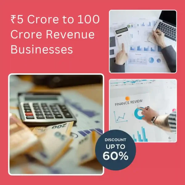Promotional graphic for the ₹5 crore to ₹100 crore revenue businesses database, featuring financial reports, business analysis, a calculator and a discount offer.