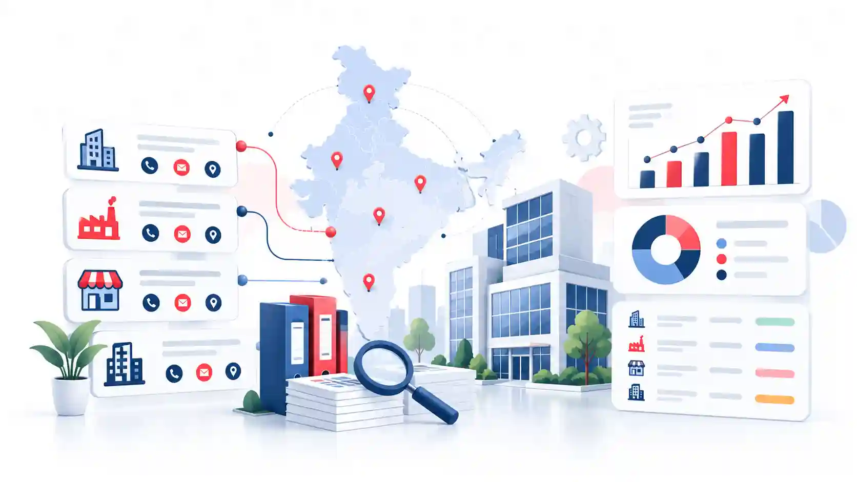 Business intelligence illustration featuring Indian business locations, company profiles, office buildings, market research documents, and data analytics charts.