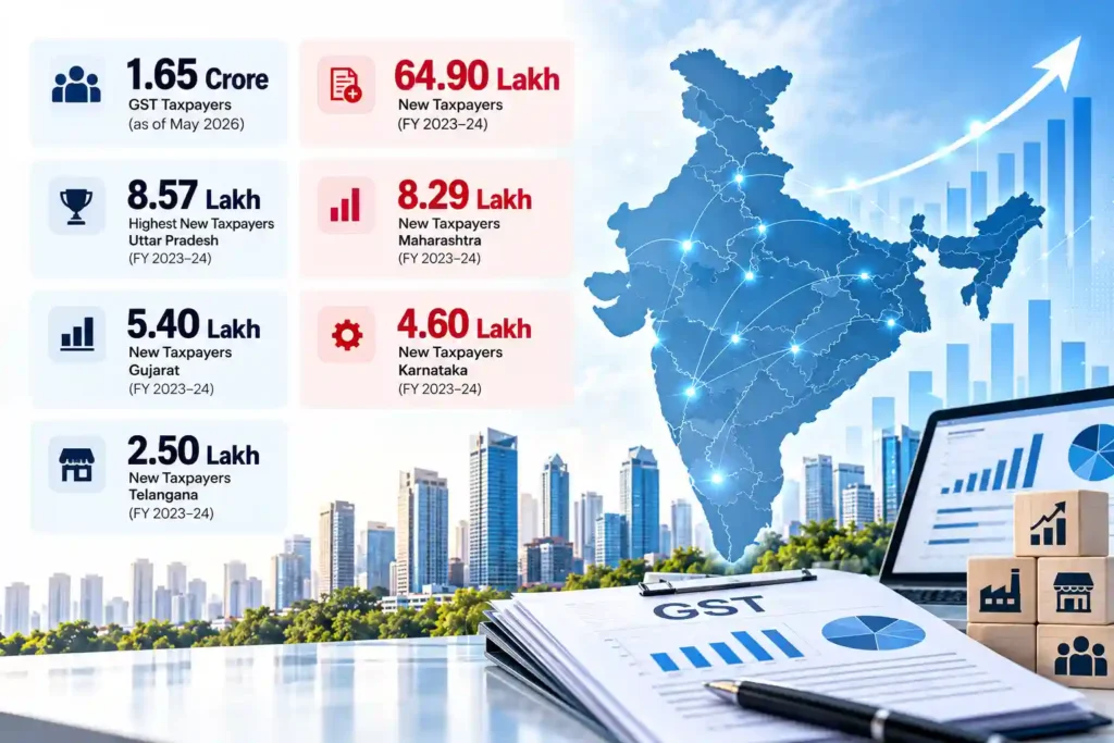 India GST growth infographic showing 1.65 crore GST taxpayers, new taxpayer registrations, leading states including Uttar Pradesh, Maharashtra, Gujarat, Karnataka and Telangana, with an India map and business growth visuals.