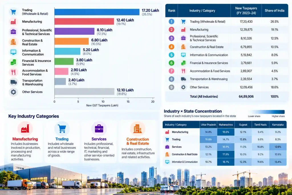 India GST industry growth dashboard showing new taxpayers by industry in FY 2023–24, led by trading, manufacturing and professional services, with state-wise industry concentration data.