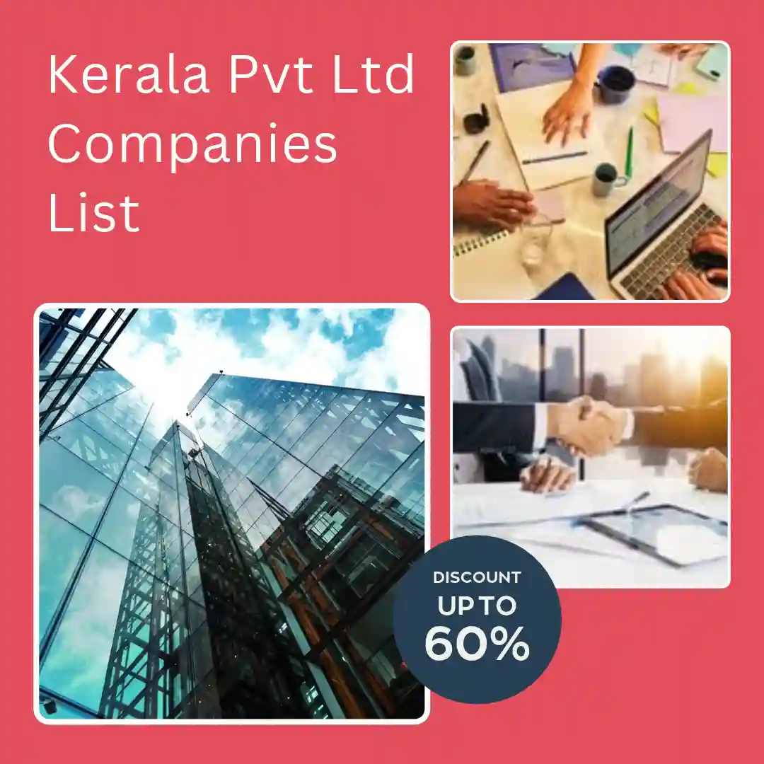 Kerala Private Limited Companies List promotional graphic featuring modern corporate buildings, a business meeting and a 60% discount offer.