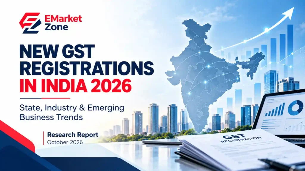 New GST Registrations in India 2026 research report cover featuring an India map, business growth chart, city skyline, and GST registration documents.