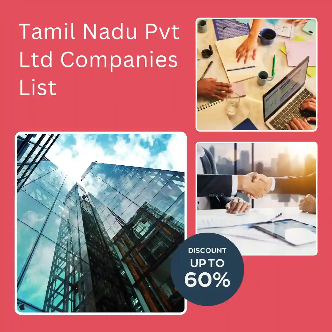 Tamil Nadu Private Limited Companies List promotional graphic featuring modern corporate buildings, a business meeting and a discount offer of up to 60%.